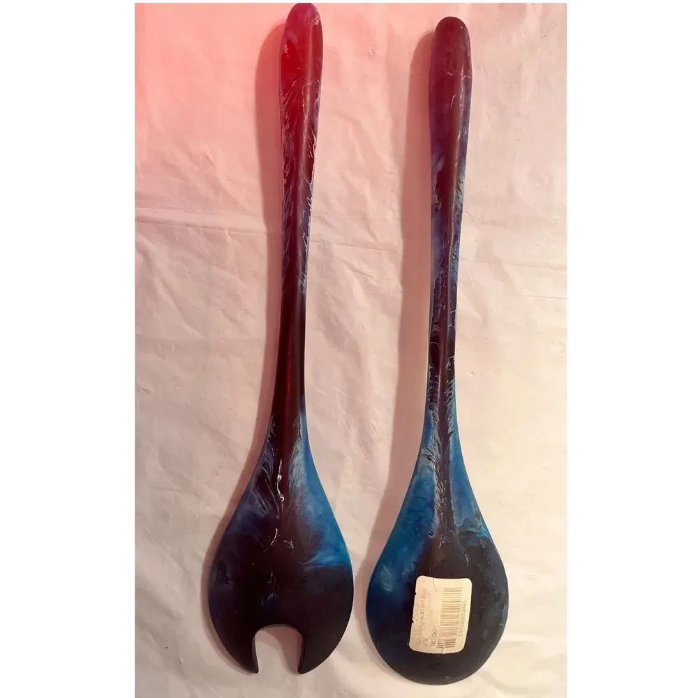 Resin Swirl Salad Set Utensil 2 Pc Blue - Excellent